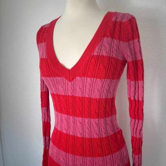 Y2K American Eagle Womens V-neck Sweater S Cable knit Striped Multicolor 2011 - Picture 2 of 13